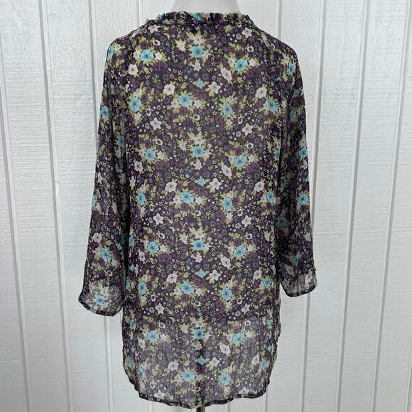 Decree Sheer Floral Boho Peasant Blouse Purple Blue Top Romantic Fairy Size L - Picture 6 of 7